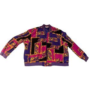 Vintage Teddi Women's Floral Geometric Bomber Jacket Size  2 xl Multi Pockets